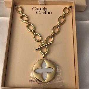 Camila Coelho Gold Chunky Flower Cutout Mother Of Pearl Pendant Necklace NIB
